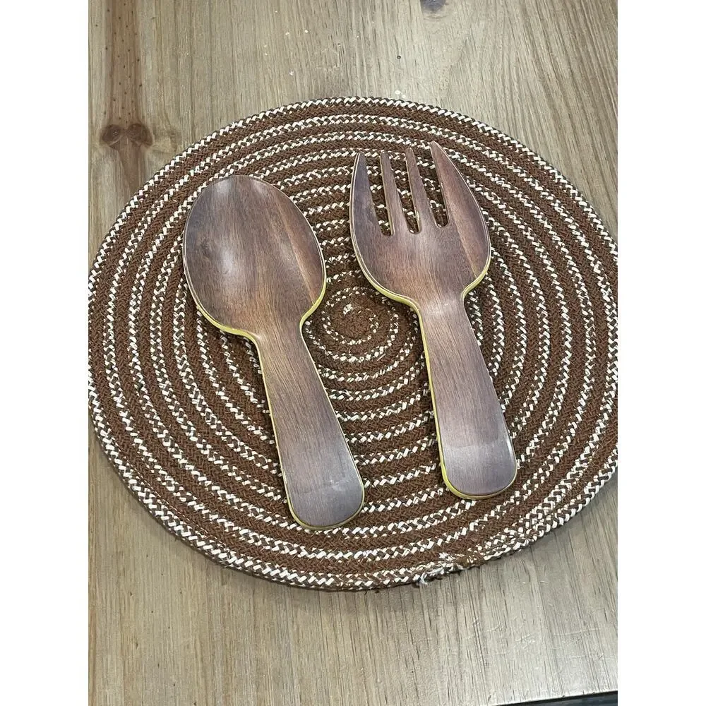 Vintage Salad Servers Decorative Cutlery Yellow Wood Design Spoon Fork Two Piece